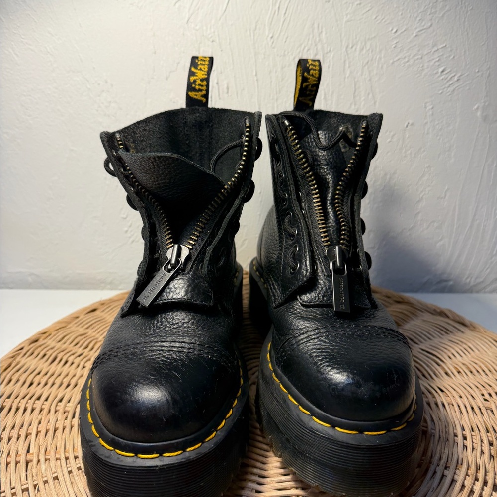 Dr. Martens Black Leather Platform Boots with Yellow Stitching and Zipper